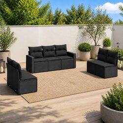 7 Piece Outdoor Garden Sofa Set Black Poly Rattan Sectional with Cushions