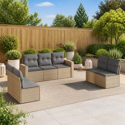 7 Piece Garden Sofa Set Outdoor Sectional Beige Poly Rattan Furniture Cushions