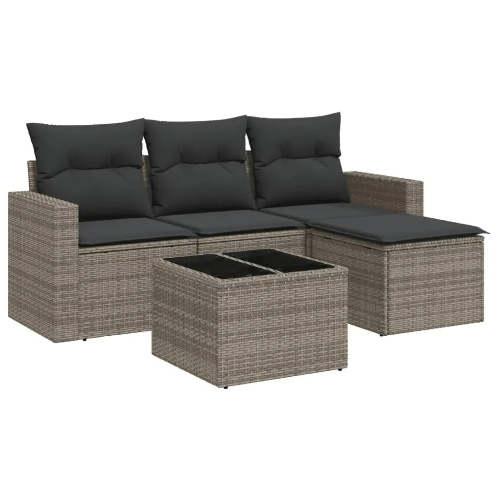5 Piece Outdoor Garden Sofa Set Grey Poly Rattan Sectional with Cushions