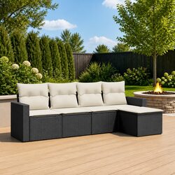 5 Piece Outdoor Garden Sofa Set Black Poly Rattan Patio Sectional with Cushions