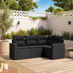 4 Piece Outdoor Garden Sofa Set Black Poly Rattan Sectional Patio Seating with