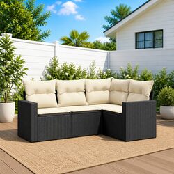 Outdoor Sectional Sofa Set 4 Piece Black Poly Rattan Garden Furniture with