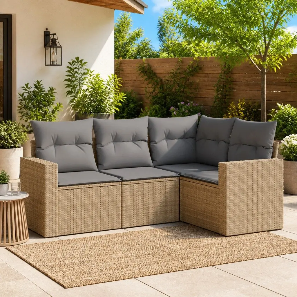 4 Piece Garden Sofa Set Outdoor Sectional Beige Rattan Furniture with Cushions