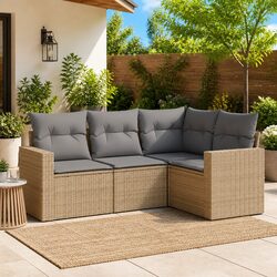 4 Piece Garden Sofa Set Outdoor Sectional Beige Rattan Furniture with Cushions