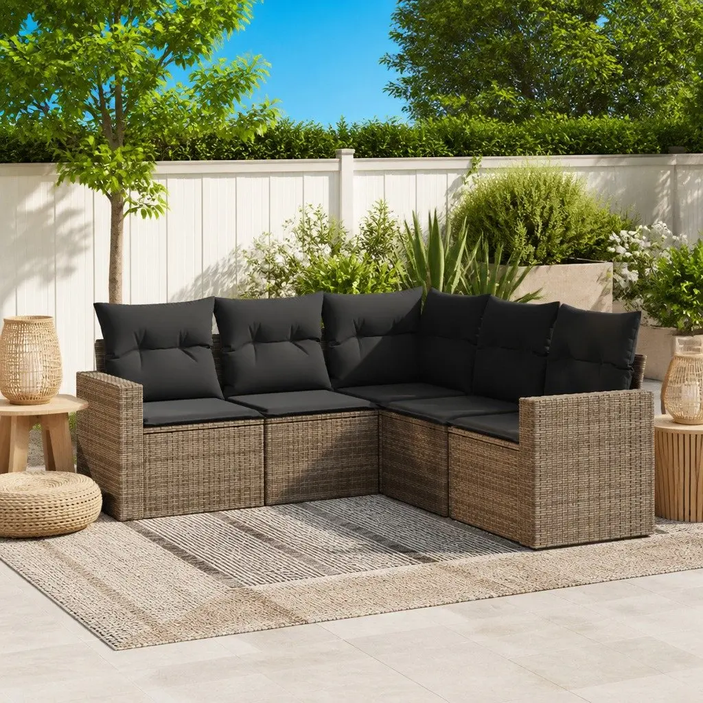5 Piece Garden Sofa Set Grey Poly Rattan Outdoor Sectional Furniture with