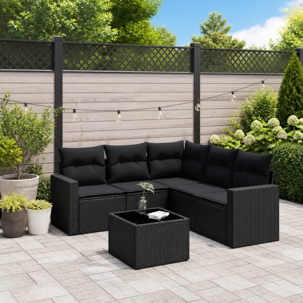 6 Piece Outdoor Garden Sofa Set with Storage Black Poly Rattan Patio Furniture