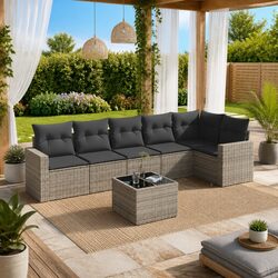 Outdoor Sectional Sofa Set 7 Piece Grey Rattan Garden Furniture with Storage