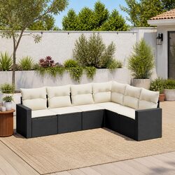 6 Piece Outdoor Garden Sectional Sofa Set with Cushions Storage Black Rattan