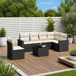 7 Piece Outdoor Sectional Sofa Set Black Poly Rattan Garden Furniture Patio