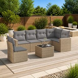 7 Piece Garden Sofa Set Beige Outdoor Sectional Seating with Storage Cushions