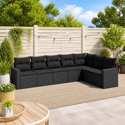 7 Piece Outdoor Garden Sofa Set Black Poly Rattan Sectional with Cushions