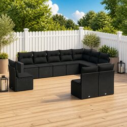 Outdoor Sectional Sofa Set 10 Piece Garden Furniture Black Poly Rattan with