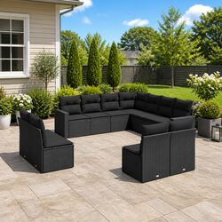 Outdoor Garden Sofa Set 11 Piece Black Poly Rattan Modular Sectional with