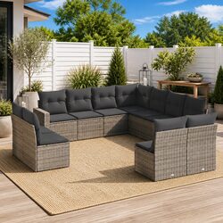Outdoor Sectional Sofa Set 11 Piece Grey Poly Rattan Garden Furniture with