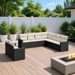 9 Piece Outdoor Sectional Sofa Set Black Poly Rattan Garden Patio Furniture