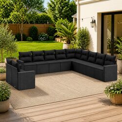 Outdoor Sectional Sofa Set 11 Piece Garden Furniture Black Poly Rattan with
