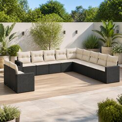 Outdoor Sectional Sofa Set 11 Piece Garden Furniture Black Poly Rattan with
