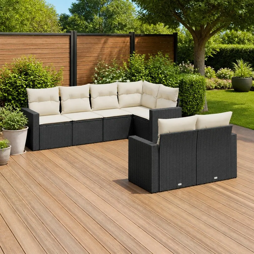 7 Piece Outdoor Garden Sofa Set Black Poly Rattan Patio Sectional Furniture