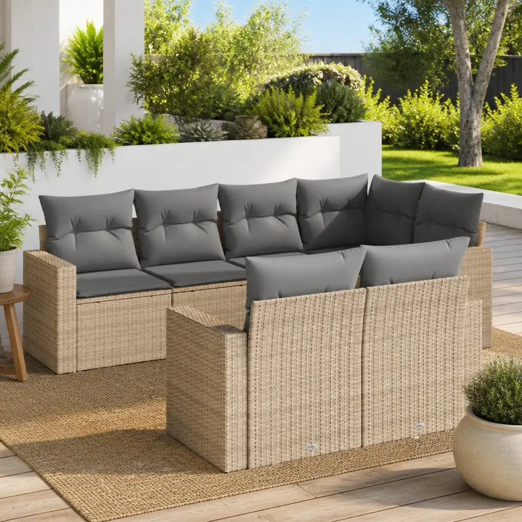 7 Piece Garden Sofa Set Outdoor Sectional Beige Poly Rattan with Cushions