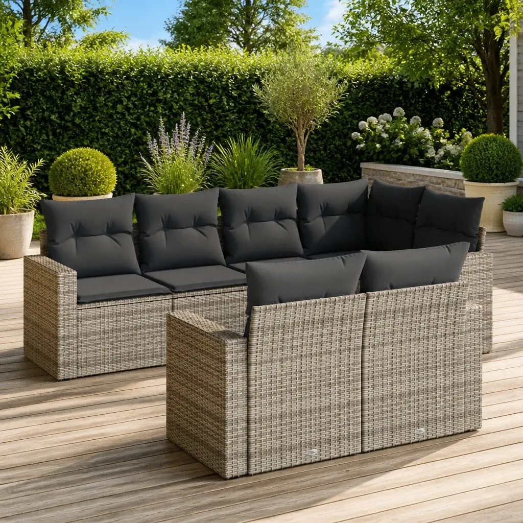 7 Piece Outdoor Garden Sofa Set with Cushions Grey Poly Rattan Sectional