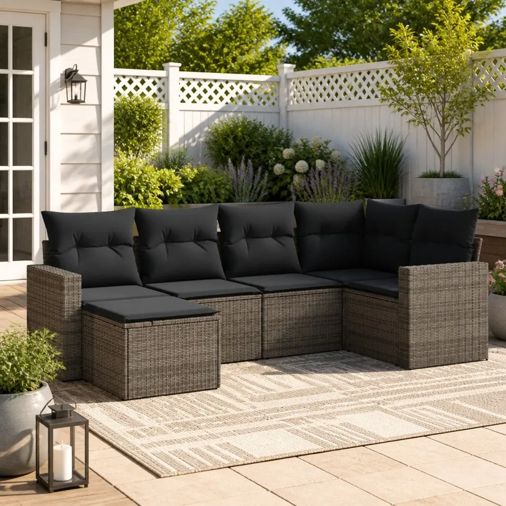 6 Piece Grey Garden Sofa Set Outdoor Sectional Modular Rattan Patio Furniture