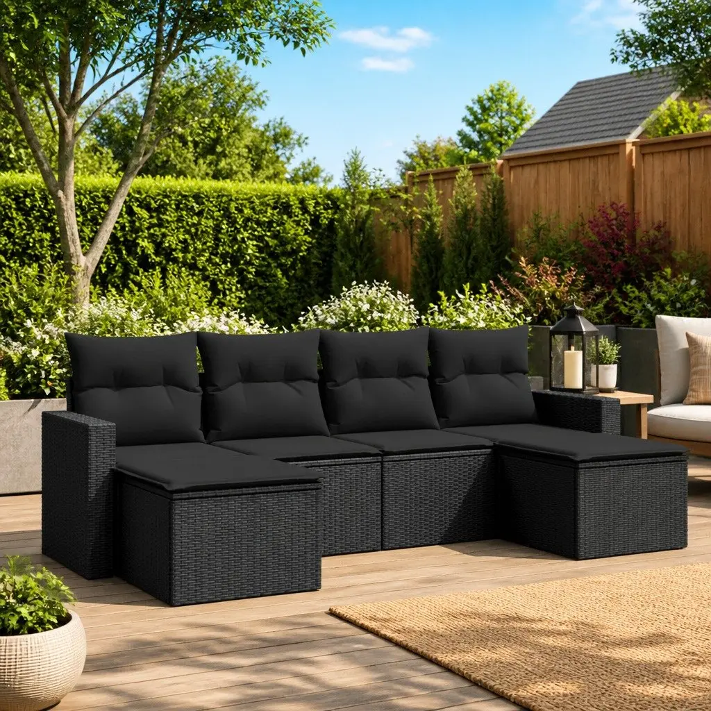 6 Piece Garden Sofa Set Black Poly Rattan Outdoor Sectional Patio Furniture