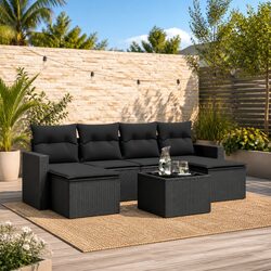 7 Piece Outdoor Sectional Sofa Set Black Poly Rattan Garden Patio Furniture