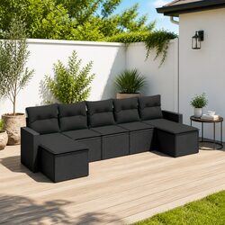 7 Piece Outdoor Garden Sofa Set Black Poly Rattan Sectional with Cushions