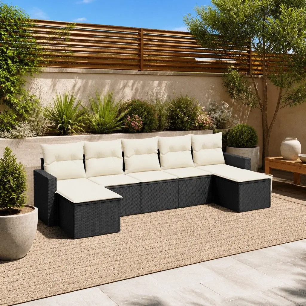 7 Piece Outdoor Sectional Sofa Set Black Poly Rattan Garden Patio Furniture
