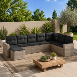 8 Piece Garden Sofa Set Grey Poly Rattan Outdoor Sectional with Storage Cushions