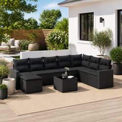 Outdoor Sectional Sofa Set 9 Piece Garden Furniture Black Poly Rattan with