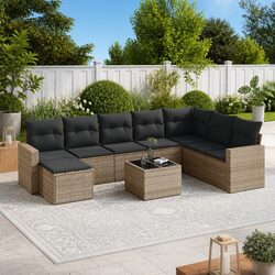 9 Piece Outdoor Garden Sofa Set Grey Poly Rattan Patio Sectional Furniture