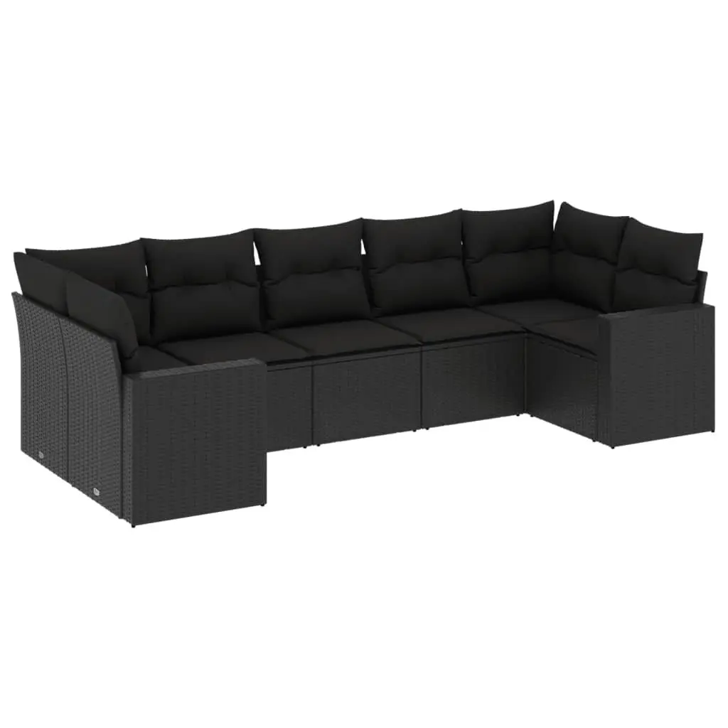7 Piece Outdoor Garden Sofa Set Black Poly Rattan Sectional with Cushions