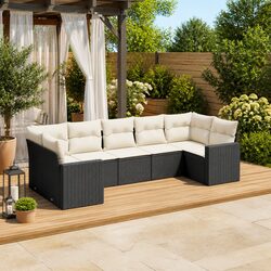 7 Piece Outdoor Garden Sofa Set Black Poly Rattan Sectional Patio Furniture