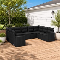 9 Piece Outdoor Garden Sofa Set with Cushions Black Poly Rattan Sectional