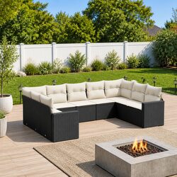 Outdoor Sectional Sofa Set 9 Piece Garden Furniture Black Poly Rattan with
