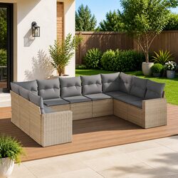 9 Piece Outdoor Garden Sofa Set Beige Poly Rattan Modular Sectional Patio