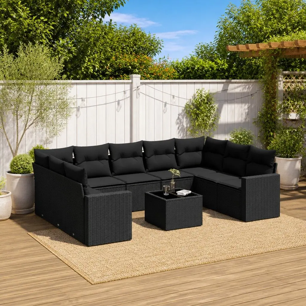 10 Piece Outdoor Garden Sofa Set with Storage Cushions Black Poly Rattan