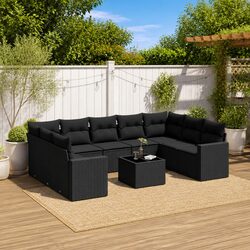 10 Piece Outdoor Garden Sofa Set with Storage Cushions Black Poly Rattan