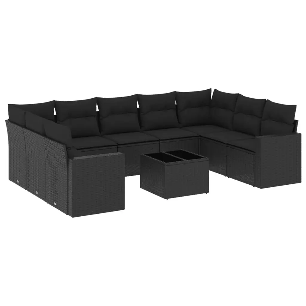10 Piece Outdoor Garden Sofa Set with Storage Cushions Black Poly Rattan