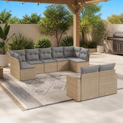 Outdoor Sectional Sofa Set 9 Piece Garden Furniture Beige Poly Rattan with