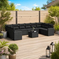Outdoor Sectional Sofa Set 11 Piece Black Poly Rattan Garden Furniture with