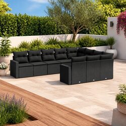 Outdoor Sectional Sofa Set 10 Piece Black Poly Rattan Garden Furniture with