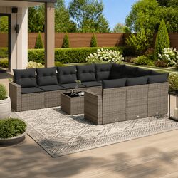 11 Piece Outdoor Garden Sofa Set Grey Poly Rattan Patio Sectional with Storage