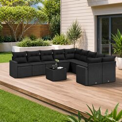 Outdoor Sectional Sofa Set 11 Piece Black Poly Rattan Garden Furniture with