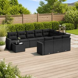 11 Piece Outdoor Garden Sofa Set with Storage Cushions Black Poly Rattan