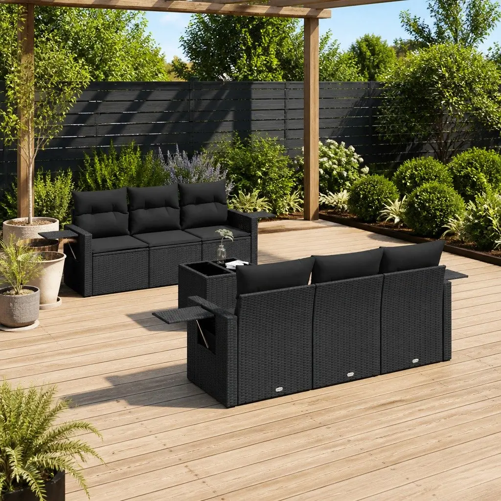 7 Piece Garden Sofa Set Outdoor Furniture Black Poly Rattan with Cushions