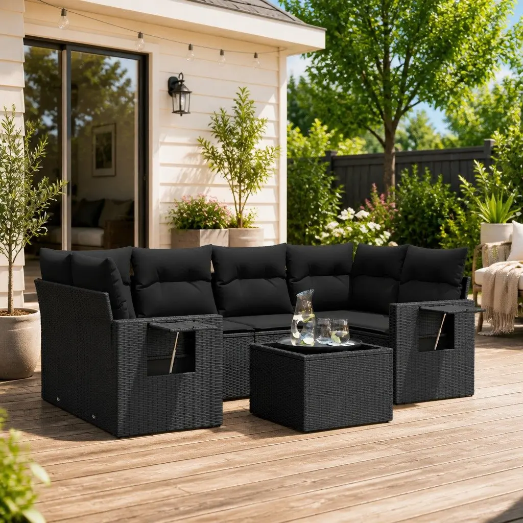 7 Piece Garden Sofa Set with Cushions Black Poly Rattan Outdoor Patio Furniture