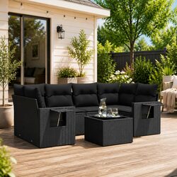 7 Piece Garden Sofa Set with Cushions Black Poly Rattan Outdoor Patio Furniture