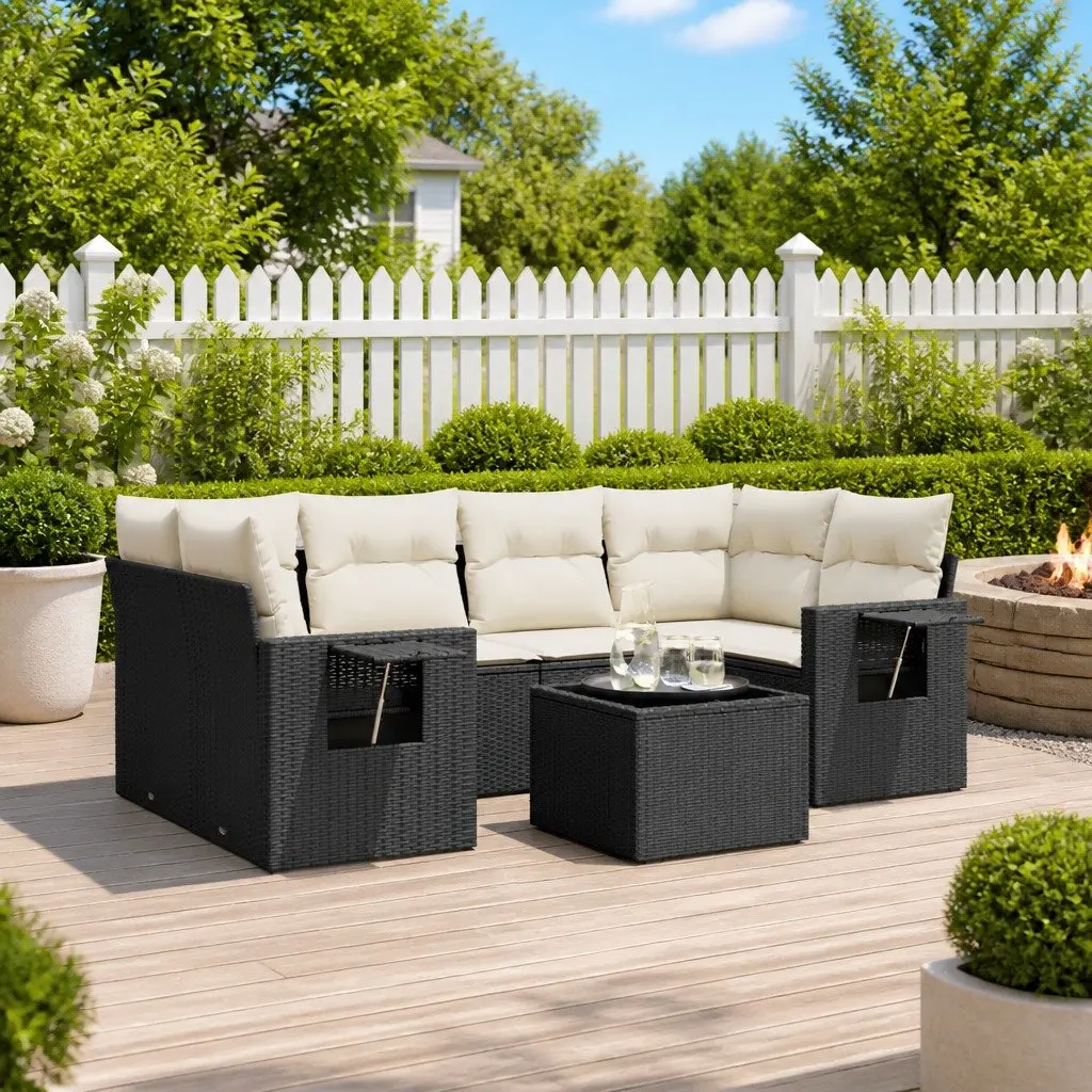 7 Piece Outdoor Garden Sofa Set with Cushions Storage Black Poly Rattan